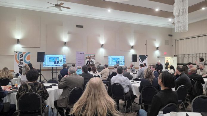At an event hosted by the Peterborough and Kawarthas Chamber of Commerce, local politicians and business leaders gathered at The Stonehouse Hall on February 19, 2026 to hear from Alto CEO Martin Imbleau about the high-speed rail network that will include a stop in Peterborough. Imbleau was scheduled to appear in person but his flight was grounded due to weather conditions. (Photo: Tracie Bertrand / County of Peterborough)