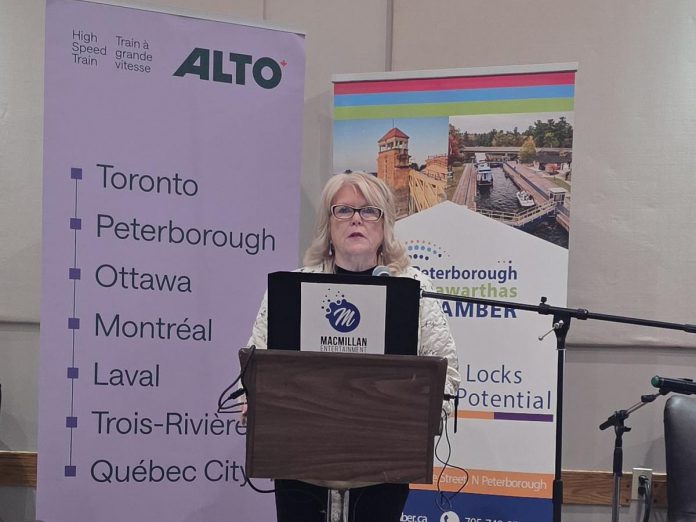 Peterborough County Warden Bonnie Clark addressing the audience during an event hosted by the Peterborough and Kawarthas Chamber of Commerce at The Stonehouse Hall on February 19, 2026 where Alto CEO Martin Imbleau spoke about the high-speed rail network that will include a stop in Peterborough. (Photo: Tracie Bertrand / County of Peterborough)