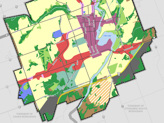 The Coldsprings growth area (pictured with stripes) is located at the southern edge of the City of Peterborough. It comprises around 307 hectares (760 acres) of land bounded by the Otonabee River and Matchett Line to the west, Highway 7/115 to the north, Bensfort Road and Wallace Point Road to the east, and Driscoll Road to the south. (Map: City of Peterborough)
