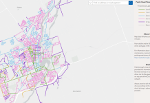 The City of Peterborough's new interactive snowplowing update map shows the location of snowplows every five minutes, with colour-coding of streets representing when a road was last serviced. (kawarthaNOW screenshot)