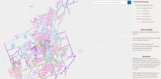 The City of Peterborough's new interactive snowplowing update map shows the location of snowplows every five minutes, with colour-coding of streets representing when a road was last serviced. (kawarthaNOW screenshot)