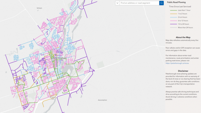 The City of Peterborough's new interactive snowplowing update map shows the location of snowplows every five minutes, with colour-coding of streets representing when a road was last serviced. (kawarthaNOW screenshot)