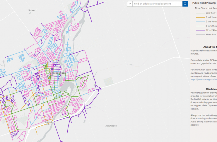 The City of Peterborough's new interactive snowplowing update map shows the location of snowplows every five minutes, with colour-coding of streets representing when a road was last serviced. (kawarthaNOW screenshot)