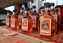 Located in the Township of Cavan Monaghan, Staples Maple Syrup is a family business that has been producing award-winning maple syrup for over five decades, with its products available at local businesses and farmers' markets including the Peterborough Farmers' Market. Since they are often too busy to promote their product, the farm is an active participant in agricultural programs led by Peterborough County, including Kawartha Choice FarmFresh and the Kawartha Local Food Wholesale project. (Photo courtesy of Staples Maple Syrup)