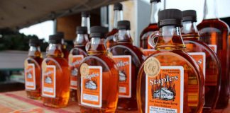 Located in the Township of Cavan Monaghan, Staples Maple Syrup is a family business that has been producing award-winning maple syrup for over five decades, with its products available at local businesses and farmers' markets including the Peterborough Farmers' Market. Since they are often too busy to promote their product, the farm is an active participant in agricultural programs led by Peterborough County, including Kawartha Choice FarmFresh and the Kawartha Local Food Wholesale project. (Photo courtesy of Staples Maple Syrup)