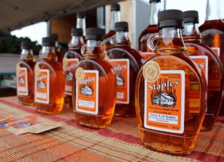 Located in the Township of Cavan Monaghan, Staples Maple Syrup is a family business that has been producing award-winning maple syrup for over five decades, with its products available at local businesses and farmers' markets including the Peterborough Farmers' Market. Since they are often too busy to promote their product, the farm is an active participant in agricultural programs led by Peterborough County, including Kawartha Choice FarmFresh and the Kawartha Local Food Wholesale project. (Photo courtesy of Staples Maple Syrup)
