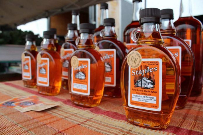 Located in the Township of Cavan Monaghan, Staples Maple Syrup is a family business that has been producing award-winning maple syrup for over five decades, with its products available at local businesses and farmers' markets including the Peterborough Farmers' Market. Since they are often too busy to promote their product, the farm is an active participant in agricultural programs led by Peterborough County, including Kawartha Choice FarmFresh and the Kawartha Local Food Wholesale project. (Photo courtesy of Staples Maple Syrup)