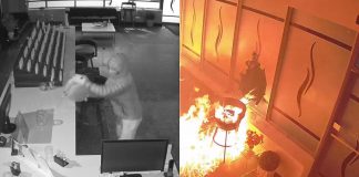 An arsonist spreads gasoline around DashVapes in Mapleridge Plaza at 1840 Lansdowne Street West in Peterborough in the early morning hours of February 5, 2026 before exiting through a broken storefront window and setting the gasoline on fire. (kawarthaNOW screenshots of Facebook video)