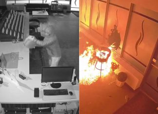 An arsonist spreads gasoline around DashVapes in Mapleridge Plaza at 1840 Lansdowne Street West in Peterborough in the early morning hours of February 5, 2026 before exiting through a broken storefront window and setting the gasoline on fire. (kawarthaNOW screenshots of Facebook video)
