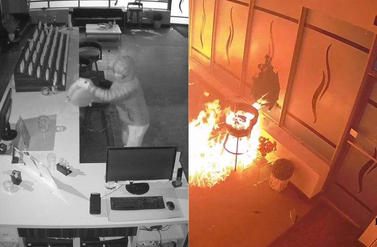 An arsonist spreads gasoline around DashVapes in Mapleridge Plaza at 1840 Lansdowne Street West in Peterborough in the early morning hours of February 5, 2026 before exiting through a broken storefront window and setting the gasoline on fire. (kawarthaNOW screenshots of Facebook video)