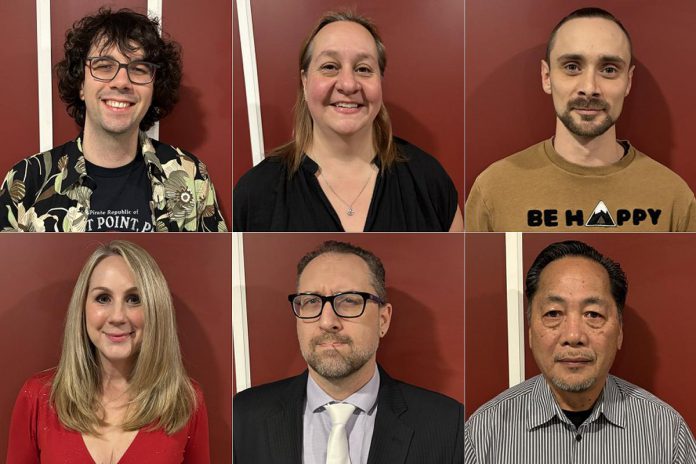 Directed by Glenn Ottaway, the Lindsay Little Theatre production of "The Psychic" stars (left to right, top and bottom) William J McGinn as Adam, Tarina Koty as Laura, Reilly Smith as Roy, Carolyn MacLean as Rita, Ian MacLean as Johnny, and Anthony Lee as Norris. (kawarthaNOW collage of Lindsay Little Theatre photos)