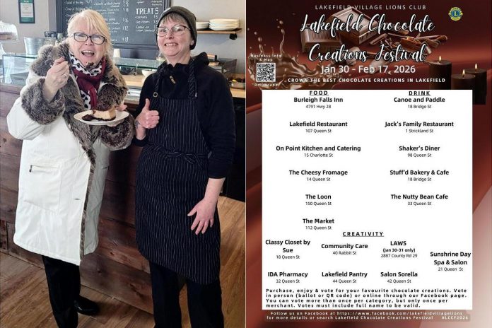 Peterborough County Warden Bonnie Clark samples a gluten-free Chocolate Brownie Cheesecake at On Point Kitchen & Catering, one of the 18 local businesses participating in the Lakefield Village Lions Club's sixth annual Lakefield Chocolate Creations Festival running until February 17, 2026. (Photos: Peterborough County and Lakefield Village Lions Club)