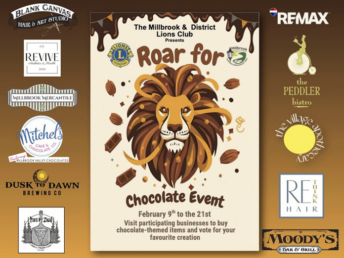 The Millbrook & District Lions Club inaugural Roar for Chocolate Event, running until February 21, 2026, invites community members to purchase chocolate-themed items at 11 participating businesses and vote on their favourites. The event was inspired by the Lakefield Village Lions Club's annual Lakefield Chocolate Creations Festival. (Graphic: Millbrook & District Lions Club)