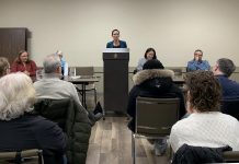 Ontario NDP MPP and education critic Chandra Pasma addresses the audience at an "education emergency townhall" about the Ontario government's Bill 33, Supporting Children and Students Act (2025) on February 23, 2026 at the Peterborough Lions Community Centre. (Photo: Bethan Bates / kawarthaNOW)