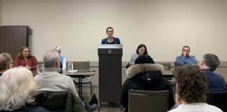 Ontario NDP MPP and education critic Chandra Pasma addresses the audience at an "education emergency townhall" about the Ontario government's Bill 33, Supporting Children and Students Act (2025) on February 23, 2026 at the Peterborough Lions Community Centre. (Photo: Bethan Bates / kawarthaNOW)