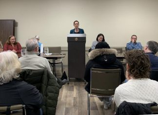 Ontario NDP MPP and education critic Chandra Pasma addresses the audience at an "education emergency townhall" about the Ontario government's Bill 33, Supporting Children and Students Act (2025) on February 23, 2026 at the Peterborough Lions Community Centre. (Photo: Bethan Bates / kawarthaNOW)