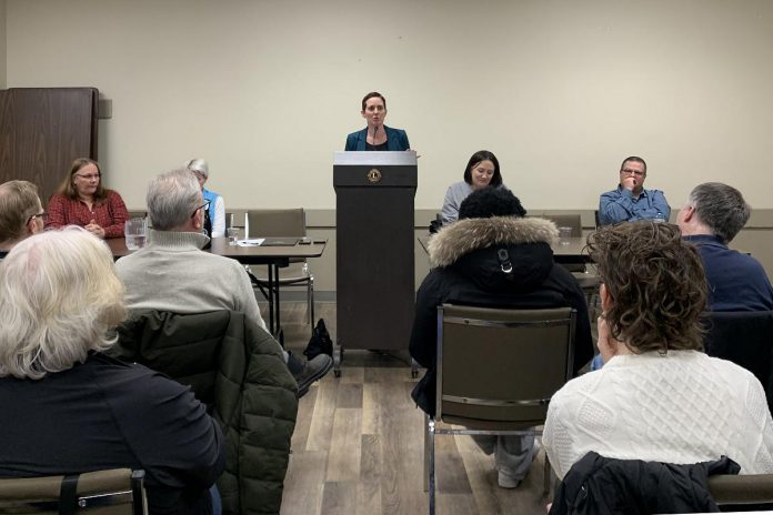 Ontario NDP MPP and education critic Chandra Pasma addresses the audience at an "education emergency townhall" about the Ontario government's Bill 33, Supporting Children and Students Act (2025) on February 23, 2026 at the Peterborough Lions Community Centre. (Photo: Bethan Bates / kawarthaNOW)