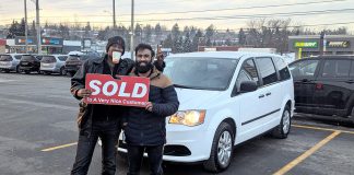 Peterborough AIDS Resource Network putting not one but two new mobile outreach vehicles on the road Peterborough AIDS Resource Network (PARN) executive director Dane Record (left) and manager of education Achint picking up a Dodge Caravan from Kawartha Chrysler, one of two vehicles that will replace the decommissioned ambulance that organization has been using for nine years to provide mobile harm reduction services. With support from the City of Peterborough, PARN purchased the two vehicles with emergency funding provided under Health Canada's Substance Use and Addictions Program. (Photo courtesy of PARN)