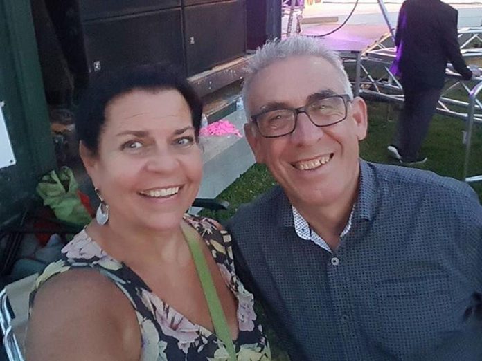 kawarthaNOW publisher Jeannine Taylor with writer Paul Rellinger at Peterborough Musicfest in July 2018, two years after he started writing for kawarthaNOW. (Photo courtesy of Paul Rellinger)