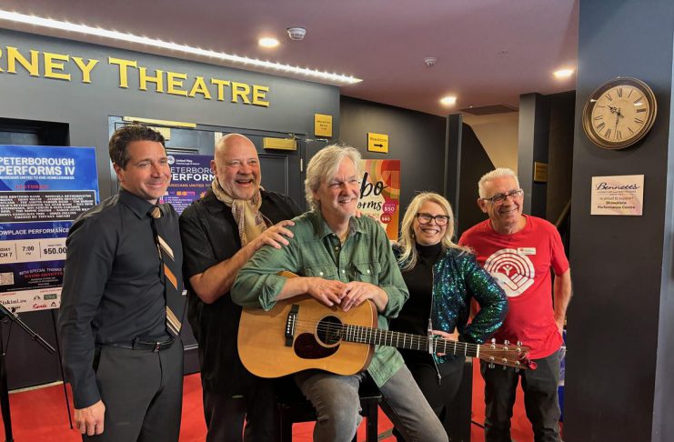 Peterborough Performs VI benefit concert and virtual auction aims to ‘make a whack of money’ for the United Way Joe Grant of LLF Lawyers, United Way Peterborough & District executive director Jim Russell, performer musician Mark Beatty, main stage emcee Ella Bates, and event co-founder and organizer Paul Rellinger during a media event at Showplace Performance Centre on February 12, 2026 to promote the Peterborough Performs VI: Musicians United To End Homelessness benefit concert on Thursday, February 26. (Photo: Adeline Murphy / United Way)