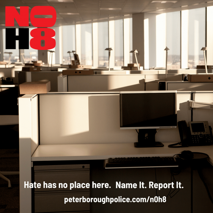 The revamped N0H8 public education and awareness campaign is just one of the commitments made by the Peterborough Police Service to address hate locally. Training has been made available to all Service members, and an online visual tool is currently in development which provide a better understanding of hate in the community through maps and other graphing tools that depict stories around how and where the incidents happened and how they have impacted the community. (Graphic: Peterborough Police Service)