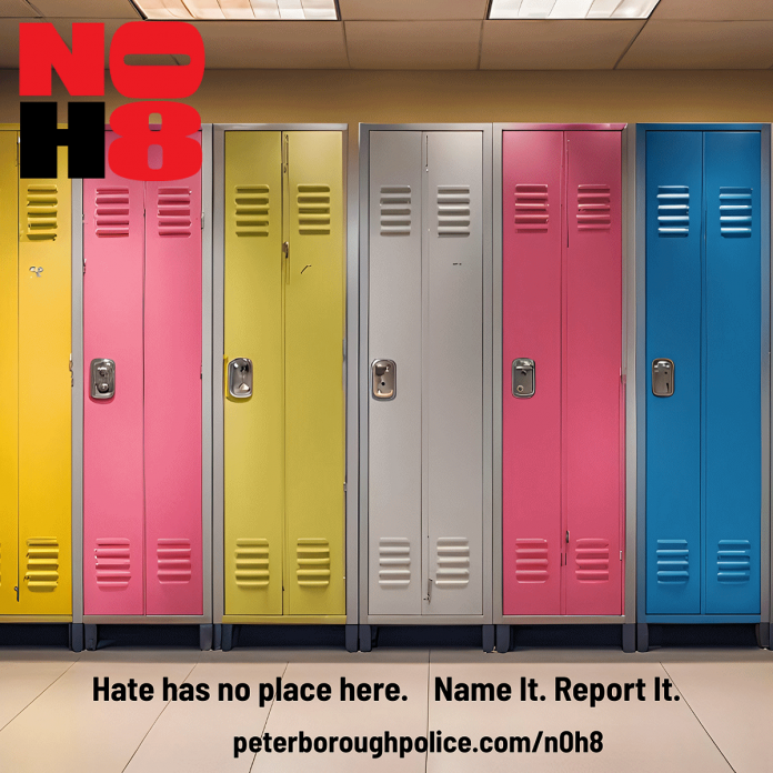 The Peterborough Police Service also encourages local schools to engage in conversations about the N0H8 public education and awareness campaign, by inviting Community Services Officers to a class and learning how to report hate and bias incidents. (Graphic: Peterborough Police Service)
