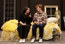 Carling Dulder as Anna and Eddy Sweeney as Wesley recalling the life-defining moments of their high school years during a rehearsal of the Peterborough Theatre Guild's production of "Midnight Madness" by award-winning Peterborough-born playwright Dave Carley. Directed by Jane Werger and produced by Diane Théberge, the heartfelt comedy runs for 10 performances from February 27 to March 14, 2026. (Photo: Jordan Lyall Photography)