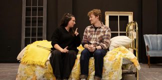 Carling Dulder as Anna and Eddy Sweeney as Wesley recalling the life-defining moments of their high school years during a rehearsal of the Peterborough Theatre Guild's production of "Midnight Madness" by award-winning Peterborough-born playwright Dave Carley. Directed by Jane Werger and produced by Diane Théberge, the heartfelt comedy runs for 10 performances from February 27 to March 14, 2026. (Photo: Jordan Lyall Photography)