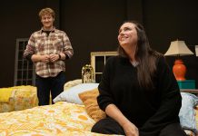 Eddy Sweeney as Wesley and Carling Dulder as Anna during a rehearsal of the Peterborough Theatre Guild's production of "Midnight Madness" by award-winning Peterborough-born playwright Dave Carley. Directed by Jane Werger, the fast-paced comedy runs for 10 performances from February 27 to March 14. (Photo: Jordan Lyall Photography)