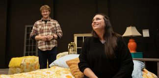 Eddy Sweeney as Wesley and Carling Dulder as Anna during a rehearsal of the Peterborough Theatre Guild's production of "Midnight Madness" by award-winning Peterborough-born playwright Dave Carley. Directed by Jane Werger, the fast-paced comedy runs for 10 performances from February 27 to March 14. (Photo: Jordan Lyall Photography)