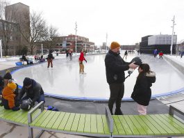 Skaters enjoying the outdoor rink at Quaker Foods City Square in downtown Peterborough. The rink will be open on Family Day 2026, weather permitting, from 10 a.m. to 7 p.m. (Photo: City of Peterborough)