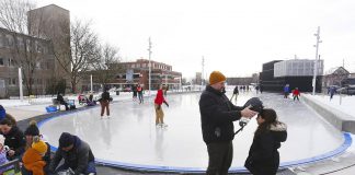 Skaters enjoying the outdoor rink at Quaker Foods City Square in downtown Peterborough. The rink will be open on Family Day 2026, weather permitting, from 10 a.m. to 7 p.m. (Photo: City of Peterborough)