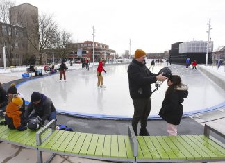 Skaters enjoying the outdoor rink at Quaker Foods City Square in downtown Peterborough. The rink will be open on Family Day 2026, weather permitting, from 10 a.m. to 7 p.m. (Photo: City of Peterborough)