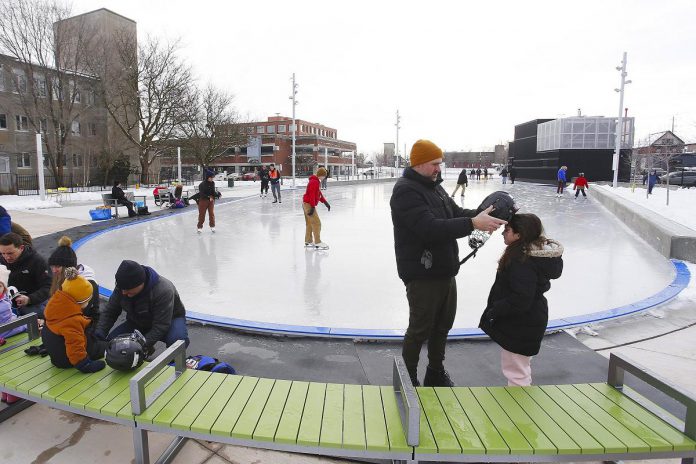 Skaters enjoying the outdoor rink at Quaker Foods City Square in downtown Peterborough. The rink will be open on Family Day 2026, weather permitting, from 10 a.m. to 7 p.m. (Photo: City of Peterborough) Skaters enjoying the outdoor rink at Quaker Foods City Square in downtown Peterborough. The rink will be open on Family Day 2026, weather permitting, from 10 a.m. to 7 p.m. (Photo: City of Peterborough)