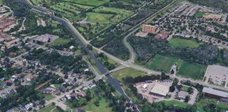 The Trent-Severn Waterway from the Peterborough Lift Lock in the north to Lock 20 - Ashburnham at Little Lake in the south. The Maria Street Swing Bridge connects East City to Ashburnham Drive. (Photo: Google Earth)
