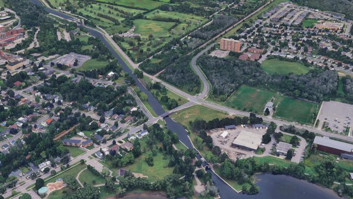 The Trent-Severn Waterway from the Peterborough Lift Lock in the north to Lock 20 - Ashburnham at Little Lake in the south. The Maria Street Swing Bridge connects East City to Ashburnham Drive. (Photo: Google Earth) The Trent-Severn Waterway from the Peterborough Lift Lock in the north to Lock 20 - Ashburnham at Little Lake in the south. The Maria Street Swing Bridge connects East City to Ashburnham Drive. (Photo: Google Earth)