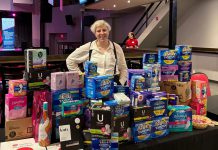 Elisha Rubacha, community campaign officer for the United Way Peterborough & District, collected more than 6,000 menstrual hygiene products for the organization's Period Promise campaign at the Women's Business Network of Peterborough Galentine's Day event on February 4, 2026. Formerly called Tampon Tuesday and now being held for its 10th year, the campaign aims to create conversations around period poverty and stigma while collecting a record-breaking 25,000 products to donate to the Kawartha Food Share for distribution to local partner agencies. (Photo courtesy of United Way Peterborough & District)