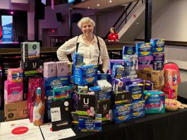 Elisha Rubacha, community campaign officer for the United Way Peterborough & District, collected more than 6,000 menstrual hygiene products for the organization's Period Promise campaign at the Women's Business Network of Peterborough Galentine's Day event on February 4, 2026. Formerly called Tampon Tuesday and now being held for its 10th year, the campaign aims to create conversations around period poverty and stigma while collecting a record-breaking 25,000 products to donate to the Kawartha Food Share for distribution to local partner agencies. (Photo courtesy of United Way Peterborough & District)