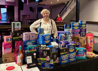 Elisha Rubacha, community campaign officer for the United Way Peterborough & District, collected more than 6,000 menstrual hygiene products for the organization's Period Promise campaign at the Women's Business Network of Peterborough Galentine's Day event on February 4, 2026. Formerly called Tampon Tuesday and now being held for its 10th year, the campaign aims to create conversations around period poverty and stigma while collecting a record-breaking 25,000 products to donate to the Kawartha Food Share for distribution to local partner agencies. (Photo courtesy of United Way Peterborough & District)