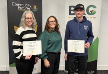 Rhonda Keenan, General Manager of Peterborough County Economic Development, stands between Lori Alexander and Ryan Taylor, two of the six graduates of the first cohort of Community Futures Peterborough's free NEXT (New Entrepreneurial eXploration Training) program for displaced workers. Funded in part by Peterborough County, the NEXT program was originally intended to provide on-site training at local companies that had announced layoffs but was redesigned after other displaced workers reached out to Community Futures Peterborough to ask if they could participate in the program. (Photo courtesy of Community Futures Peterborough)