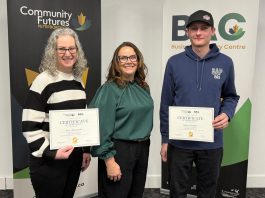 Rhonda Keenan, General Manager of Peterborough County Economic Development, stands between Lori Alexander and Ryan Taylor, two of the six graduates of the first cohort of Community Futures Peterborough's free NEXT (New Entrepreneurial eXploration Training) program for displaced workers. Funded in part by Peterborough County, the NEXT program was originally intended to provide on-site training at local companies that had announced layoffs but was redesigned after other displaced workers reached out to Community Futures Peterborough to ask if they could participate in the program. (Photo courtesy of Community Futures Peterborough)