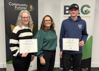 Rhonda Keenan, General Manager of Peterborough County Economic Development, stands between Lori Alexander and Ryan Taylor, two of the six graduates of the first cohort of Community Futures Peterborough's free NEXT (New Entrepreneurial eXploration Training) program for displaced workers. Funded in part by Peterborough County, the NEXT program was originally intended to provide on-site training at local companies that had announced layoffs but was redesigned after other displaced workers reached out to Community Futures Peterborough to ask if they could participate in the program. (Photo courtesy of Community Futures Peterborough)