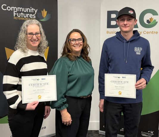 Rhonda Keenan, General Manager of Peterborough County Economic Development, stands between Lori Alexander and Ryan Taylor, two of the six graduates of the first cohort of Community Futures Peterborough's free NEXT (New Entrepreneurial eXploration Training) program for displaced workers. Funded in part by Peterborough County, the NEXT program was originally intended to provide on-site training at local companies that had announced layoffs but was redesigned after other displaced workers reached out to Community Futures Peterborough to ask if they could participate in the program. (Photo courtesy of Community Futures Peterborough)