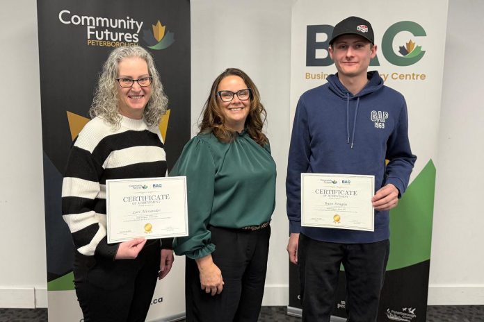 Rhonda Keenan, General Manager of Peterborough County Economic Development, stands between Lori Alexander and Ryan Taylor, two of the six graduates of the first cohort of Community Futures Peterborough's free NEXT (New Entrepreneurial eXploration Training) program for displaced workers. Funded in part by Peterborough County, the NEXT program was originally intended to provide on-site training at local companies that had announced layoffs but was redesigned after other displaced workers reached out to Community Futures Peterborough to ask if they could participate in the program. (Photo courtesy of Community Futures Peterborough)