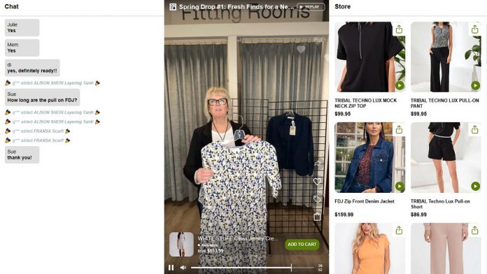 Nancy Wiskel of DJC Modern Apparel in Peterborough has starting using live selling to complement her brick-and-mortar women's clothing boutique. After hosting live selling events every other week, she noticed an increase in foot traffic in store with customers asking about items they were introduced to during the events. Wiskel uses the live selling platform LiveMeUp, an add-on for her Shopify website, which allows her to break each "live" into clips for social media and automatically uploads the full live to her website for replays. (kawarthaNOW screenshot of DJC Modern Apparel website)