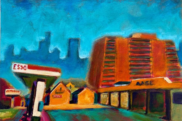 "212 Brock Street from Hunter W. and Aylmer Streets" (12 x 16", acrylic and other media on paper, mounted on maple panel) is one of 12 paintings that will be featured in Peterborough artist David Geene's solo exhibit at Watson & Lou in downtown Peterborough from April 4 to 25, 2026. Each of the works incorporate the 1932 poem "Towers" by James J. Ryan, which offers a more powerful description of high-rise towers to challenge how they are typically viewed. (Photo courtesy of David Geene)