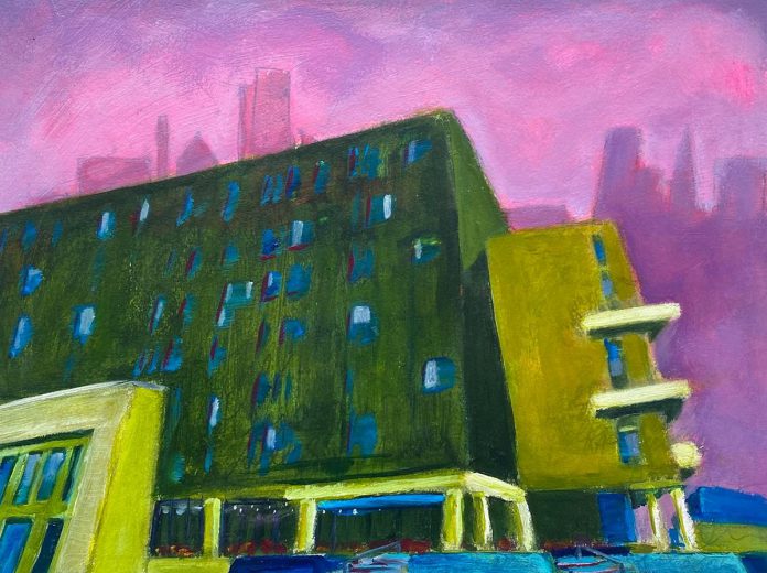 "195 Hunter Street East, Peterborough" (12 x 16", acrylic and other media on paper mounted on maple panel) is one of 12 paintings that will be featured in Peterborough artist David Geene's solo exhibit at Watson & Lou in downtown Peterborough from April 4 to 25, 2026. The exhibit will included information available about the two proposed 17-storey buildings in Peterborough, as well as opportunities for visitors to record their own thoughts and questions about the structures. (Photo courtesy of David Geene)