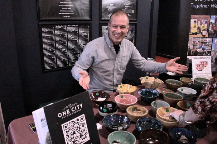 Michael VanDerHerberg of One City Peterborough shows off some of the handmade artisanal bowls donated by members of the Kawartha Potters Guild for the annual Empty Bowls fundraiser on February 27, 2026 at Showplace Performance Centre, where 180 attendees selected a bowl of their choice and sampled food donated by 11 local restaurants. (Photo: One City Peterborough) Michael VanDerHerberg of One City Peterborough shows off some of the handmade artisanal bowls donated by members of the Kawartha Potters Guild for the annual Empty Bowls fundraiser on February 27, 2026 at Showplace Performance Centre, where 180 attendees selected a bowl of their choice and sampled food donated by 11 local restaurants. (Photo: One City Peterborough)
