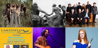 encoreNOW for March 23, 2026 features (from left to right, top and bottom) The Damn Truth at Lindsay's FLATO Academy Theatre, Public Energy's screening of Laura Taler's dance films "the village trilogy" and "Matryoshka Crush" at the Art Gallery of Peterborough, The Maple Blues Revue at Peterborough's Market Hall, author Maurice Switzer at Lakefield College School, Nicholas Campbell and the Metre Cheaters at Peterborough's Market Hall, and flautist Gillian Derer as guest artist as the Peterborough Symphony Orchestra's "Inspired" concert at Peterborough's Showplace. (kawarthaNOW collage)