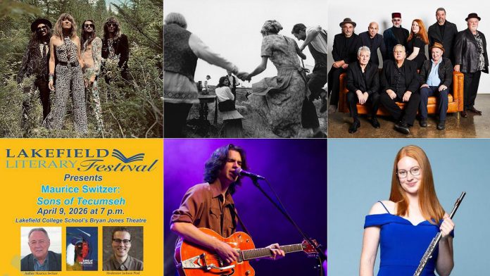 encoreNOW for March 23, 2026 features (from left to right, top and bottom) The Damn Truth at Lindsay's FLATO Academy Theatre, Public Energy's screening of Laura Taler's dance films "the village trilogy" and "Matryoshka Crush" at the Art Gallery of Peterborough, The Maple Blues Revue at Peterborough's Market Hall, author Maurice Switzer at Lakefield College School, Nicholas Campbell and the Metre Cheaters at Peterborough's Market Hall, and flautist Gillian Derer as guest artist as the Peterborough Symphony Orchestra's "Inspired" concert at Peterborough's Showplace. (kawarthaNOW collage)